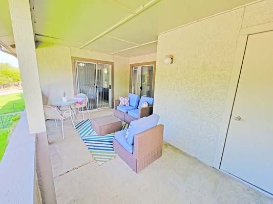 Large patio with storage access.