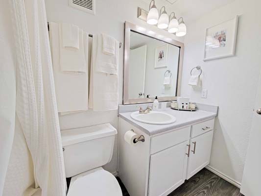 Bathroom with framed mirror and plenty of lighting.